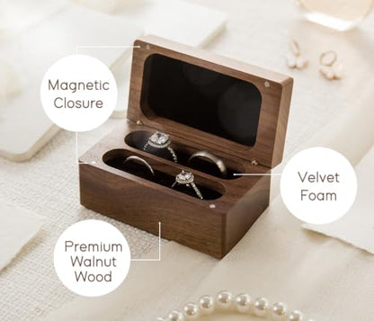 MUUJEE Custom Name Wedding Ring Box - Quad Slot Walnut Wood Ring Holder - color: Custom Two Become One