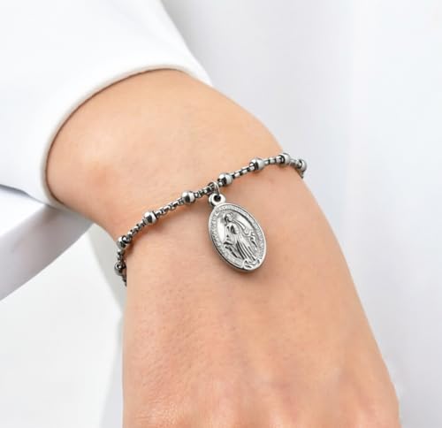 Rnivida 14K Gold Plated Stainless Steel Catholic Rosary Bracelet for Women,Religious Gift for Confirmation Baptism First Communion Easter - color: Silver 01
