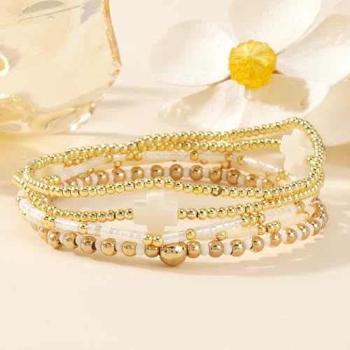 Gold Beaded Bracelets Stack for Women Stackable 14K Gold Plated Beads Ball Cross Bracelet Boho Christian Jewelry Faith Friendship Birthday Gifts for Women - color: White