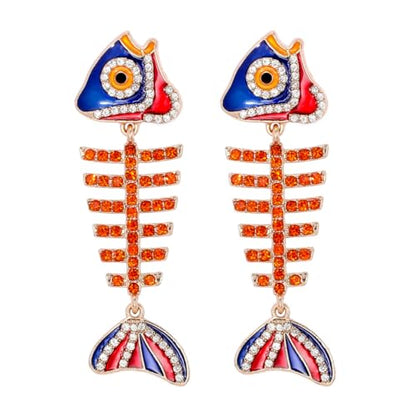 Fish Bone Earrings Drip Oil Animal Earrings Colorful Crystal Sparkly Enamel Earrings Creative Long Fishbone Earstud Dangle Fish Drop Earrings Jewelry for Women - color: Red-1