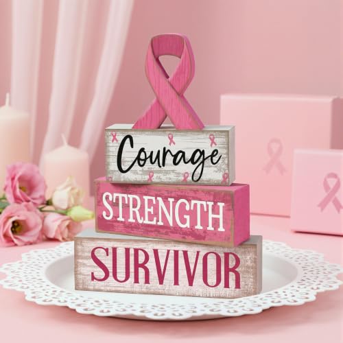 Moucuny 4 Pcs Breast Cancer Awareness Table Decoration Wooden Pink Ribbon - style: Breast Cancer Awareness