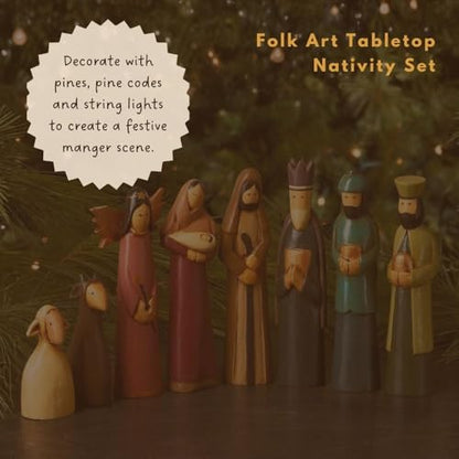 Folk Art Nativity Scene, Set of 8 Pieces, Tabletop Christmas Decorations, Collectible Figurines, Baby Jesus Holy Family Manger Scene, Indoor Xmas Decor for Tables, Shelf, Mantel, Handmade, Unique