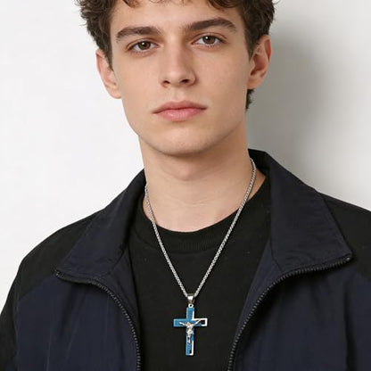 HZMAN Men's Stainless Steel Cross Crucifix Bible Prayer Pendant Necklace - color: Blue