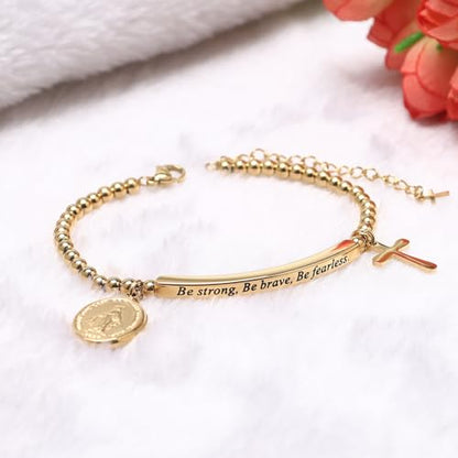 DS Women Christian Charm Bracelet,Cross Scripture Stainless Steel Jewelry - style: Be strong,Be brave,Be fearless.You are never alone-Gold
