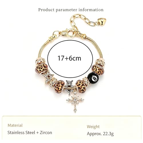 Y2k Charm Bracelet for Women Star Cross 8 Ball Leopard Beaded Bracelet - color: Gold