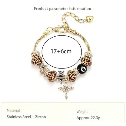 Y2k Charm Bracelet for Women Star Cross 8 Ball Leopard Beaded Bracelet - color: Gold