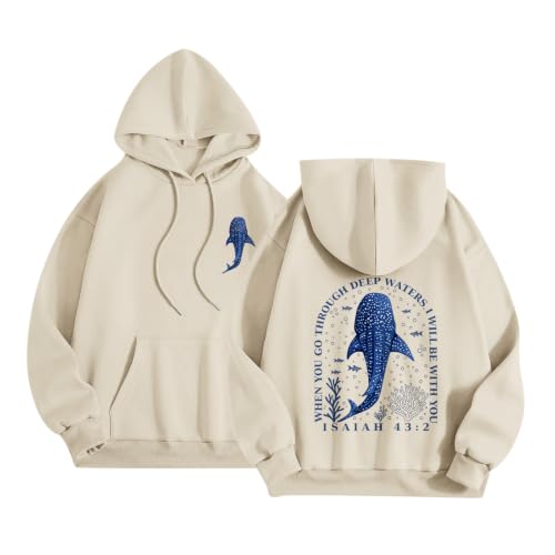 BeWithYou Christian Whale Shark Hoodies for Women Jesus Faith Sweatshirts God Religious Hoodie Bible Verse Graphic Pullover - color: Apricot, size: Small