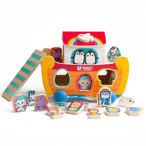 Jasey's Toy Chest Noah's Ark Wooden Sort & Match | 18-Piece Shape Sorting Ark with Animal Pairs, Figures & Ladder | Educational Toy for Toddlers Ages 18+ Months