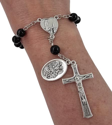 TALISMAN4U St. Michael Guardian Angel Medal Rosary for Car Rearview Mirror - color: Black Rosary Beads