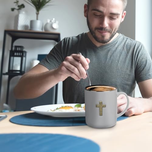 Christian Art Gifts Large Ceramic Coffee Scripture Mug for Men & Women - color: Gray & Black/Metal Cross