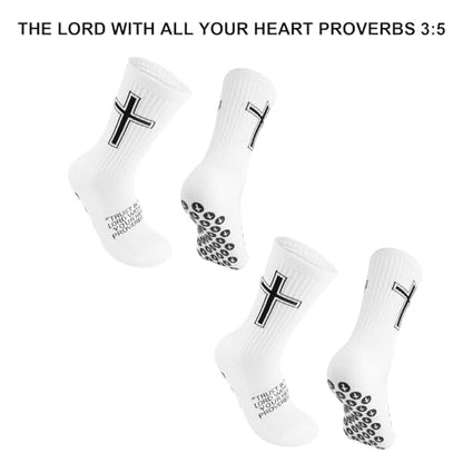 Christian Soccer Socks,Cross Grip Anti Slip Religious Football Socks with Rubber Dots for Youth and Men - color: White