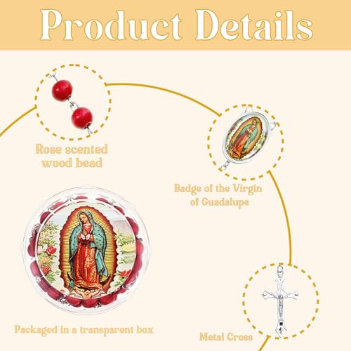 Red Rosary Beads Necklace Our Lady of Guadalupe Virgen De Guadalupe Scented Catholic Gifts with Gift Bags Cards Wooden Scented Beads for Women Men Baptism First Communion Party Favors