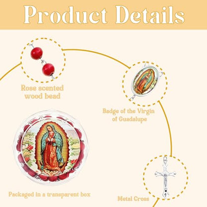 Red Rosary Beads Necklace Our Lady of Guadalupe Virgen De Guadalupe Scented Catholic Gifts with Gift Bags Cards Wooden Scented Beads for Women Men Baptism First Communion Party Favors