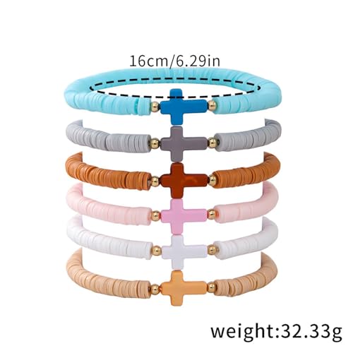 Fuqimanman2020 6 Pcs Cross Clay Beaded Bracelets Colorful Christian Cross Bracelets for Women - color: B