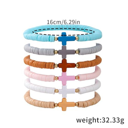 Fuqimanman2020 6 Pcs Cross Clay Beaded Bracelets Colorful Christian Cross Bracelets for Women - color: B