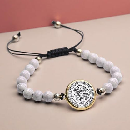 St Benedict Bracelet Catholic Bracelet Adjustable String Medal Religious Bracelets for Men Women Beige