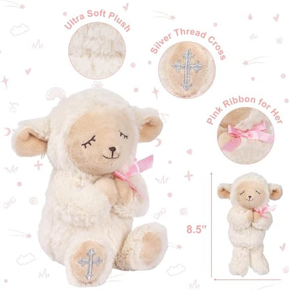 MyMateZoe Baptism Gifts for Girl, Great Christening, Dedication and Baptism Gift Set for Girl and Newborn Baby, Includes 7" Praying Lamb Plush Toy and Let Us Pray Baby Book in Keepsake Gift Box - color: Pink-lamb