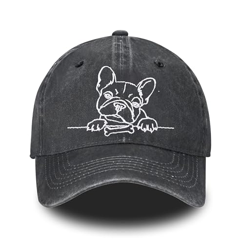 Embroidered Baseball Cap for Women Men Vintage Adjustable Washed Distressed Denim Baseball Hat - color: French Bulldog