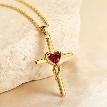 Birthstone Cross Necklace for Women 14K Gold Plated Heart Infinity Cross Pendant Necklace Christian Religious Jewelry Anniversary Birthday Gifts for Wife Mom Her - color: Jan/Garnet