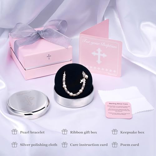 Tryuunion Baptism Bracelet in 925 Sterling Silver and Cultured Pearls for Baby Girls, with Silver-plated Jewelry Keepsake Box, Great Catholic Christening and Baptism Gifts for Girl - style: Basic Set