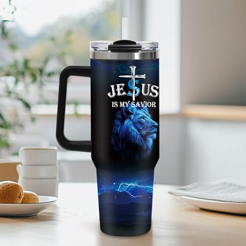 Christian Gifts for Men, 40 oz Religious Tumbler with handle, Child of God, Jesus is My Savior Double Walled Insulated Coffee Mug, Spiritual Man of Faith Fathers Day Birthday Gift for Dad Husband - color: Religious-D-318-X