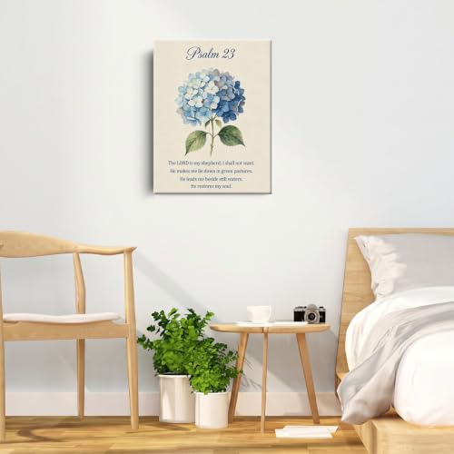 BEASTZHENG Psalm 23 Blue Hydrangea Canvas Wall Art Christian Bedroom Decor - color: Psalm 23