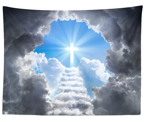 Loccor Cross Tapestry Stairway to Heaven Tapestry Wall Hanging Heaven Clouds Holy Jesus Cross Wall Hanging Religous Church Decor Home Bedroom,Living Room Artistic Decor 70L x 47W - size: 70"L x 47"W