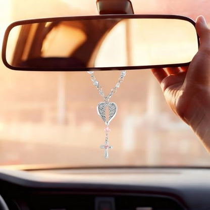 Cross Rearview Mirror Hanging Ornament, Car Interior Rosary Charm
