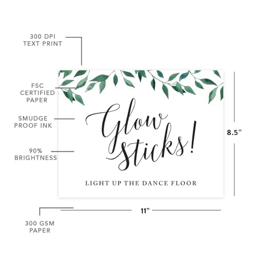 Andaz Press Wedding Party Signs, Natural Greenery Green Leaves, 8.5x11-inch, Glow Sticks Light Up the Dance Floor, 1-Pack - color: Activities Glow Sticks