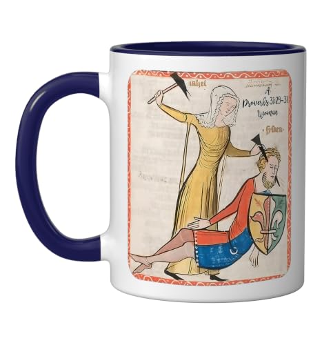 Proverbs 31 29 31 Woman Medieval Christian Art Design Ceramic Mug, Dark Blue/White, 11oz - color: Dark Blue/White, size: 11 Ounces