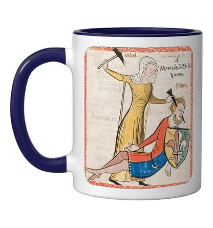 Proverbs 31 29 31 Woman Medieval Christian Art Design Ceramic Mug, Dark Blue/White, 11oz - color: Dark Blue/White, size: 11 Ounces