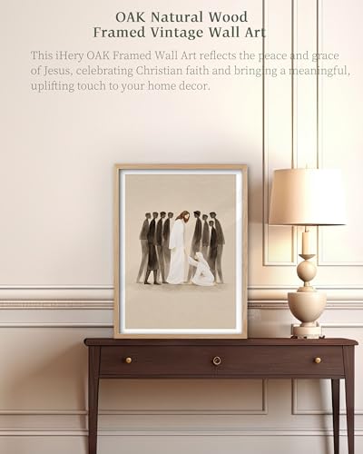 iHery 12x16in Woman Touches Jesus Framed Christian Wall Art - color: OAK Framed Jesus, size: 16"L x 12"W