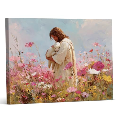 Jesus the Shepherd Wall Art Christian Lamb Flowers Canvas Print Framed - color: color-H