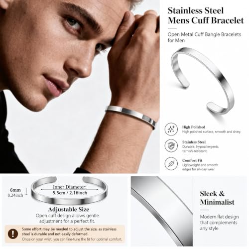 Stainless Steel Cuff Bracelet for Men, Adjustable Open Metal Bangle Bracelet, Minimalist Mens Jewelry Gift - color: silver