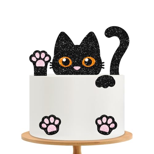 Black Cat Cake Topper, Cat Birthday Cake Decor, Black Glitter Kitten Baby Shower Cake Topper for Girl, Pet Themed Birthday/Adoption DayParty Decoration - style: Black Cat