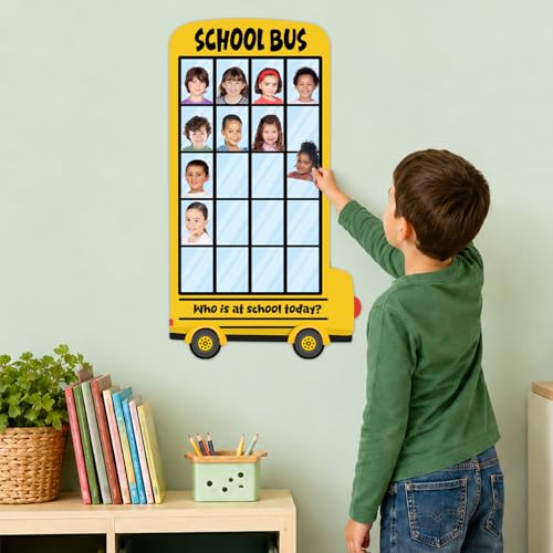 25×14In Yellow Bus Classroom Attendance Chart Who is at School Today DIY Photo Display Board Classroom Management Teacher Tools Back to School Bulletin Board Decor for Preschool Kindergarten Daycare