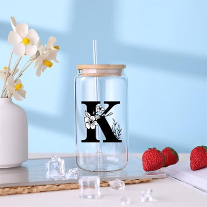 Monogrammed Initial Glass Cup Personalized Gifts for Women 16oz Initial Letter Glass Cups w/Lids Straws Birthday Valentine Mothers Day Gift for Her, K - color: Letter Cup-K