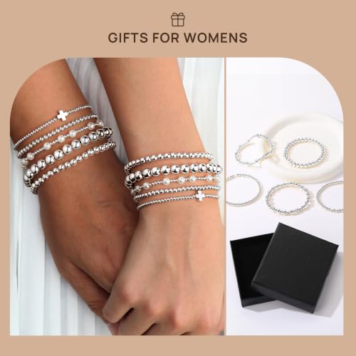 Yoosteel Gold Beaded Bracelets for Women Teen Girls, Gold Plated Jewelry - color: "Silver beaded bracelets - 5pcs