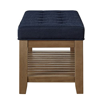 24KF Large Rectangular Upholstered Tufted Linen Fabric Ottoman Bench, Padded Bench with Solid Wood Shelf-Navy Blue - color: Navy Blue-bench, size: 15.8"D x 44"W x 18"H