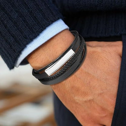 Leather Bracelet for Men Braided Stainless Steel Mens Bracelets - color: Silver