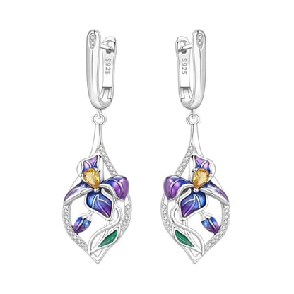 925 Sterling Silver Drop & Dangle Earrings for Women,Butterfly Dragonfly and Bee|Flower and leaf Earrings, Suitable for Sensitive Ears Fashion Jewelry Gift- Hypoallergenic Earrings - color: Blue-purple iris