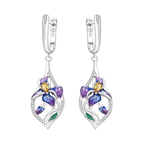 925 Sterling Silver Drop & Dangle Earrings for Women,Butterfly Dragonfly and Bee|Flower and leaf Earrings, Suitable for Sensitive Ears Fashion Jewelry Gift- Hypoallergenic Earrings - color: Blue-purple iris