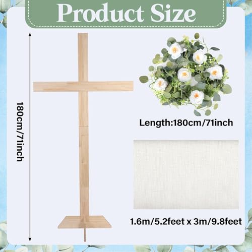 71Inch Large Wooden Cross for Wedding White Ribbon Eucalyptus Garland White - color: White, size: 71Inch