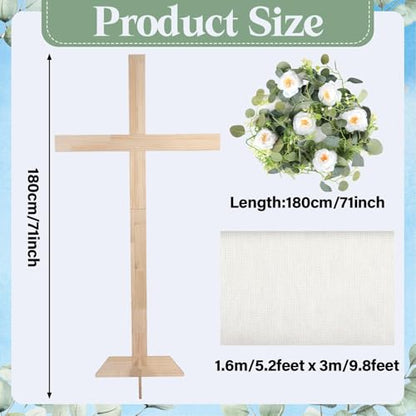 71Inch Large Wooden Cross for Wedding White Ribbon Eucalyptus Garland White - color: White, size: 71Inch