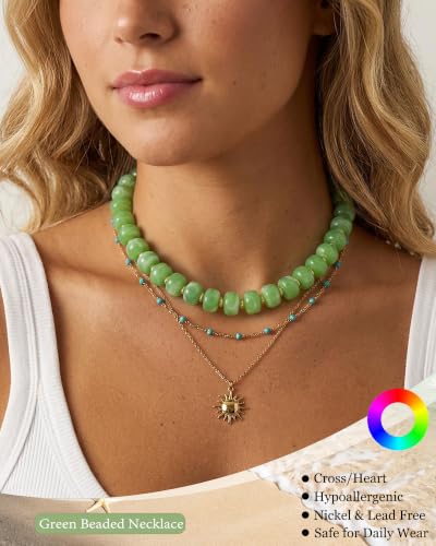ZHESHY Chunky Beaded Necklaces for Women Heart Cross Statement Necklace - color: Green