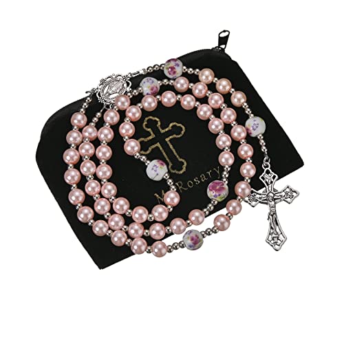 8mm Purple Pearl Beads Catholic Rosary Glass Beaded Acrylic String Necklace White Ceramics Bead Rosary Miraculous Medal Crucifix Cross Gift for Women Girls - color: Pink