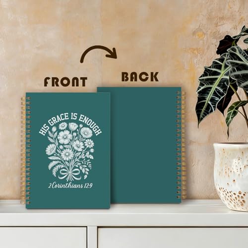 Boho Dark Teal Floral Christian Notebook Journal, His Grace Is Enough Religious Bible Verse Spiral Hardcover Notebook Journal for Church Notes Study Office Work, 5.5x8.3 Inch - color: Teal Flowers & Bible