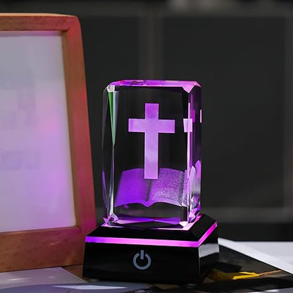 Qianwei 3D Crystal Cross Bible Figurine with Colorful Light Base, Laser Engrave Religious Gifts for Women Man Christian Gifts for Friend Sister - color: Cross Bible