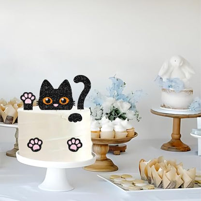 Black Cat Cake Topper, Cat Birthday Cake Decor, Black Glitter Kitten Baby Shower Cake Topper for Girl, Pet Themed Birthday/Adoption DayParty Decoration - style: Black Cat