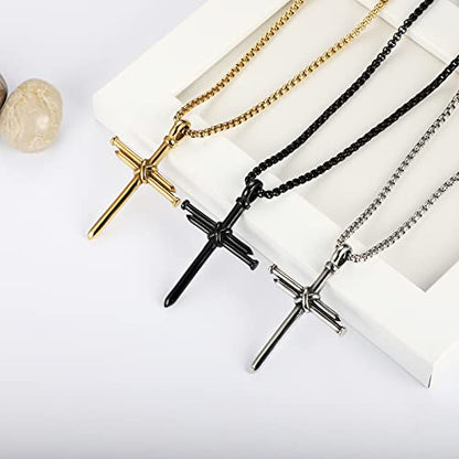 Nail Cross Necklace for Men Stainless Steel Chain 24inch 3 Nails Jesus Cross Pendant Christian Gifts for Dad 3 Colors - color: Silver